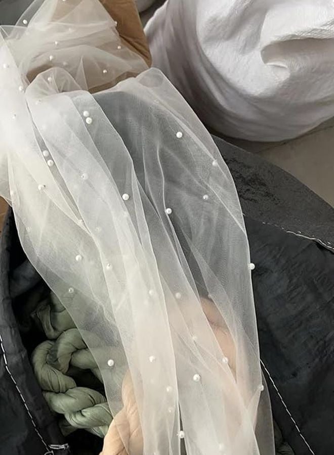 Light Gray Pearl Gauze Table Runner 30x157 Inches Wedding Veil Beaded Lace Decorations - Image 2